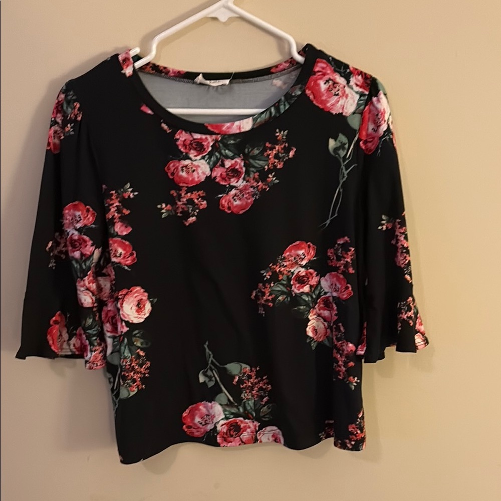 Pink and Black 3/4 Sleeve Floral Blouse